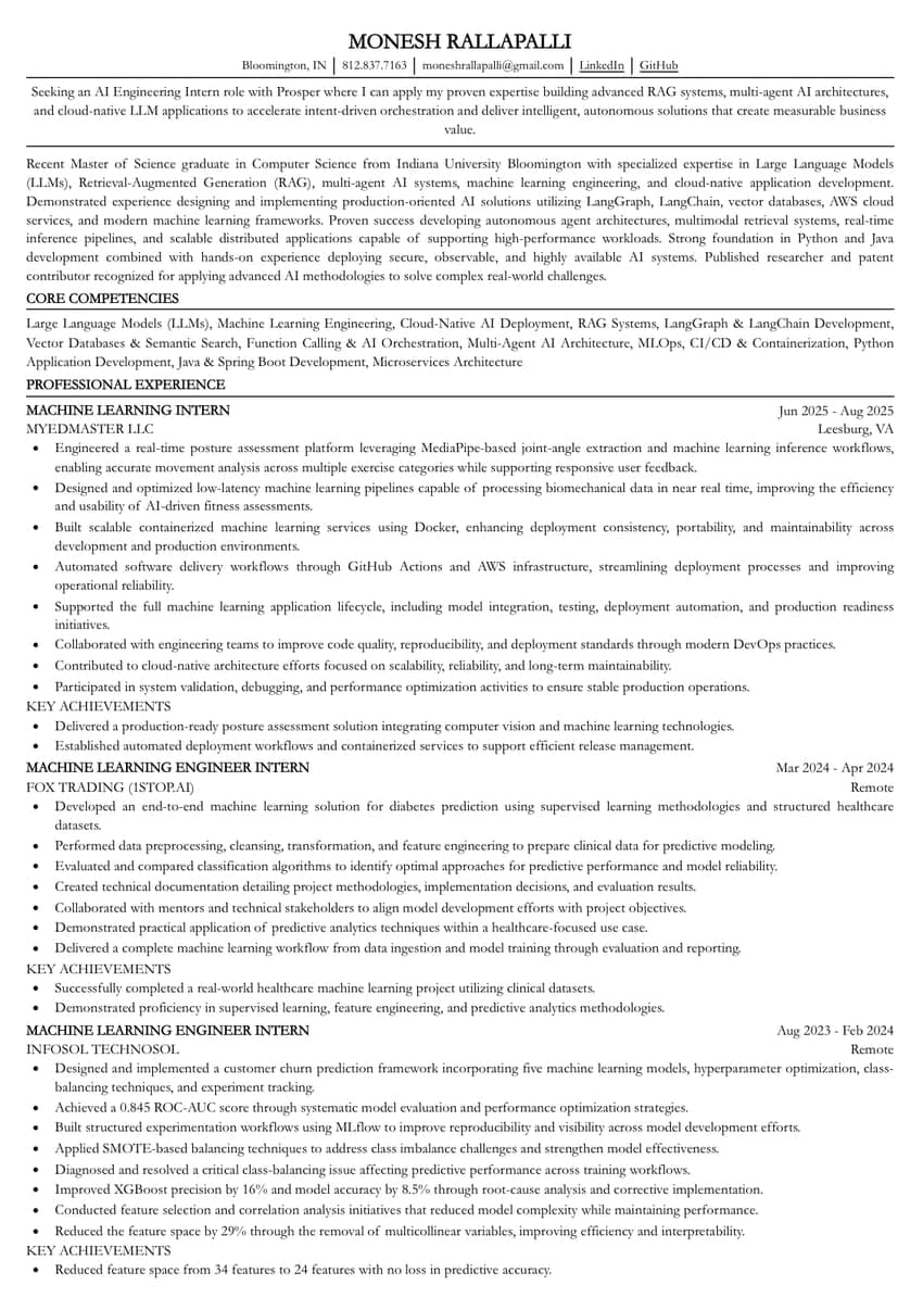 First page of Monesh Rallapalli's résumé